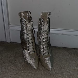 Champagne velvet lace up sneaker boot heels